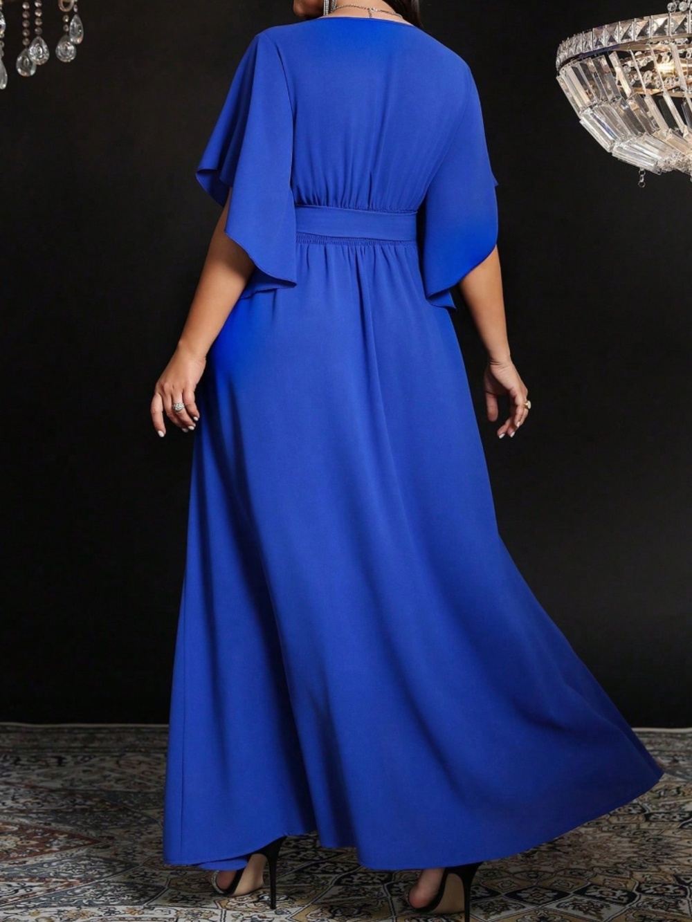  Plus Solid V neck Flounce Sleeve Belted Split Thigh Party Evening Dress - Picture 14 of 15